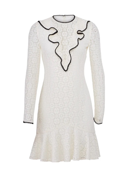 Monique Lhuillier Dresses & Skirts - Monique Lhuillier White Lace Long-Sleeve Ruffle Dress with Black Trim